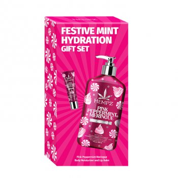 Hempz Festive Mint Hydration Pink Peppermint Meringue Gift Set - Lip Gloss .044oz & Moisturizer 17oz Limited Edition
